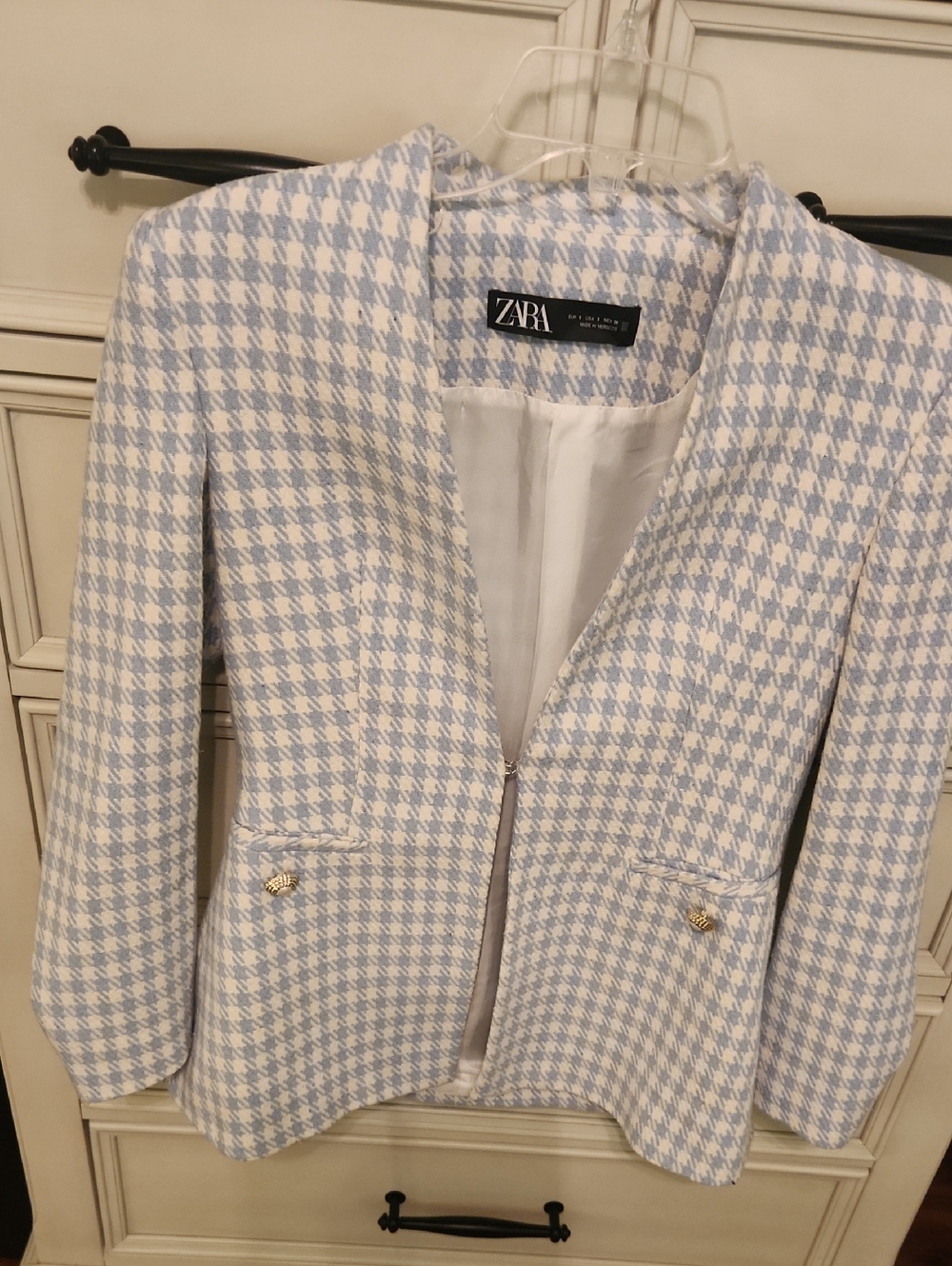 ZARA Light Blue & White Houndstooth Blazer Jacket